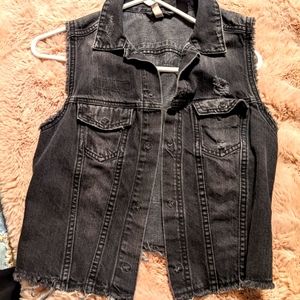Cropped distressed black wash vest with faux buttonholes